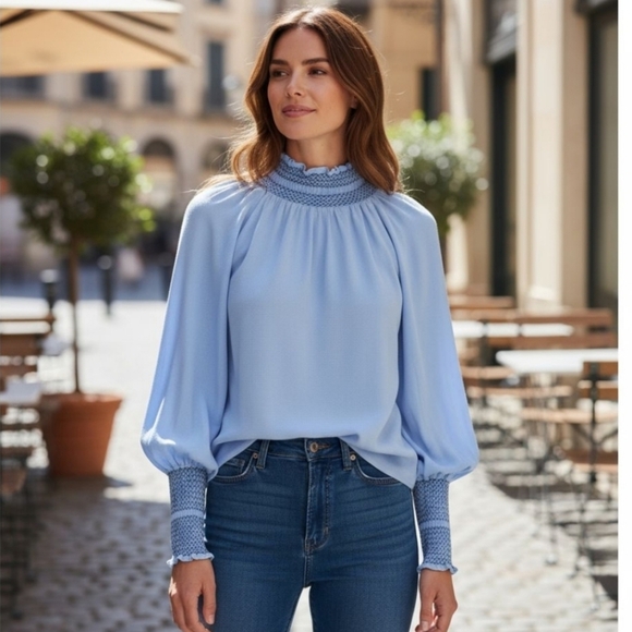 NEW- Zara Light Blue High Neck Blouse - Picture 9 of 10